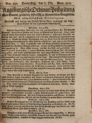 Augsburgische Ordinari Postzeitung von Staats-, gelehrten, historisch- u. ökonomischen Neuigkeiten (Augsburger Postzeitung) Donnerstag 7. Oktober 1813