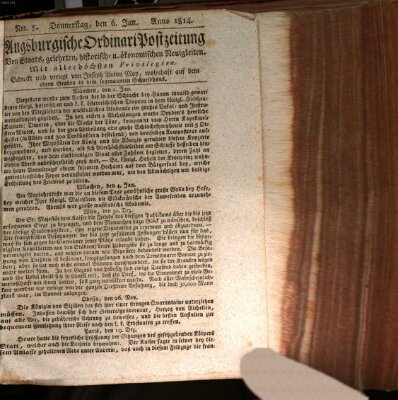 Augsburgische Ordinari Postzeitung von Staats-, gelehrten, historisch- u. ökonomischen Neuigkeiten (Augsburger Postzeitung) Donnerstag 6. Januar 1814