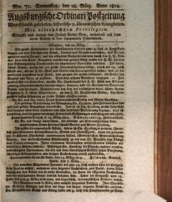 Augsburgische Ordinari Postzeitung von Staats-, gelehrten, historisch- u. ökonomischen Neuigkeiten (Augsburger Postzeitung) Donnerstag 24. März 1814