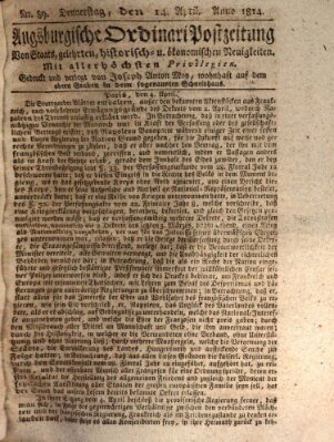 Augsburgische Ordinari Postzeitung von Staats-, gelehrten, historisch- u. ökonomischen Neuigkeiten (Augsburger Postzeitung) Donnerstag 14. April 1814