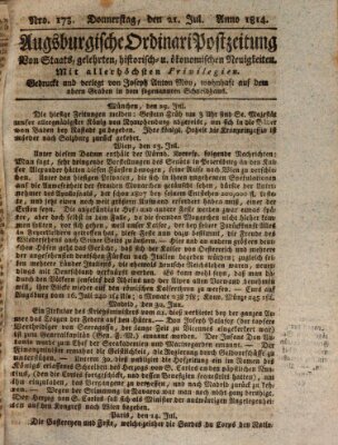 Augsburgische Ordinari Postzeitung von Staats-, gelehrten, historisch- u. ökonomischen Neuigkeiten (Augsburger Postzeitung) Donnerstag 21. Juli 1814