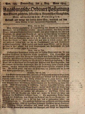 Augsburgische Ordinari Postzeitung von Staats-, gelehrten, historisch- u. ökonomischen Neuigkeiten (Augsburger Postzeitung) Donnerstag 4. August 1814