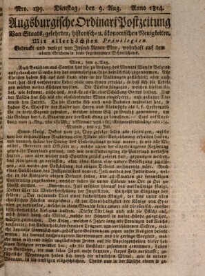 Augsburgische Ordinari Postzeitung von Staats-, gelehrten, historisch- u. ökonomischen Neuigkeiten (Augsburger Postzeitung) Dienstag 9. August 1814