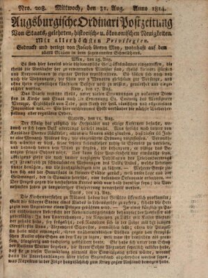 Augsburgische Ordinari Postzeitung von Staats-, gelehrten, historisch- u. ökonomischen Neuigkeiten (Augsburger Postzeitung) Mittwoch 31. August 1814