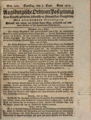 Augsburgische Ordinari Postzeitung von Staats-, gelehrten, historisch- u. ökonomischen Neuigkeiten (Augsburger Postzeitung) Samstag 3. September 1814