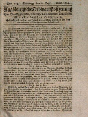 Augsburgische Ordinari Postzeitung von Staats-, gelehrten, historisch- u. ökonomischen Neuigkeiten (Augsburger Postzeitung) Dienstag 6. September 1814