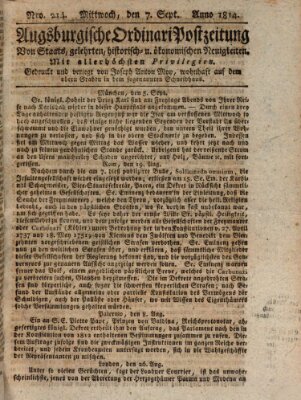 Augsburgische Ordinari Postzeitung von Staats-, gelehrten, historisch- u. ökonomischen Neuigkeiten (Augsburger Postzeitung) Mittwoch 7. September 1814