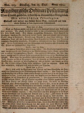 Augsburgische Ordinari Postzeitung von Staats-, gelehrten, historisch- u. ökonomischen Neuigkeiten (Augsburger Postzeitung) Dienstag 13. September 1814