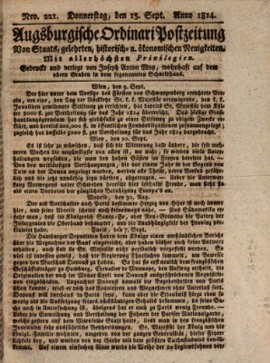 Augsburgische Ordinari Postzeitung von Staats-, gelehrten, historisch- u. ökonomischen Neuigkeiten (Augsburger Postzeitung) Donnerstag 15. September 1814