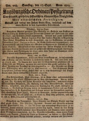 Augsburgische Ordinari Postzeitung von Staats-, gelehrten, historisch- u. ökonomischen Neuigkeiten (Augsburger Postzeitung) Samstag 17. September 1814