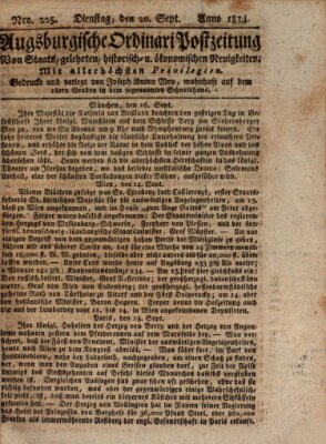 Augsburgische Ordinari Postzeitung von Staats-, gelehrten, historisch- u. ökonomischen Neuigkeiten (Augsburger Postzeitung) Dienstag 20. September 1814