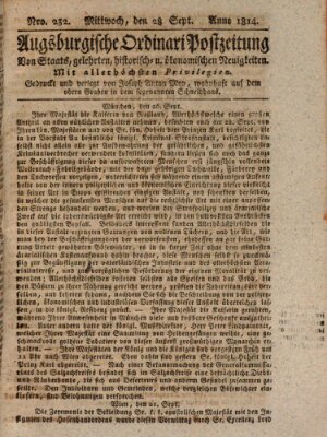 Augsburgische Ordinari Postzeitung von Staats-, gelehrten, historisch- u. ökonomischen Neuigkeiten (Augsburger Postzeitung) Mittwoch 28. September 1814