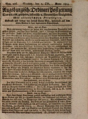 Augsburgische Ordinari Postzeitung von Staats-, gelehrten, historisch- u. ökonomischen Neuigkeiten (Augsburger Postzeitung) Montag 3. Oktober 1814