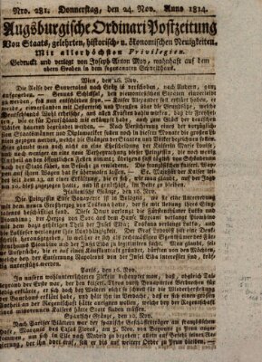 Augsburgische Ordinari Postzeitung von Staats-, gelehrten, historisch- u. ökonomischen Neuigkeiten (Augsburger Postzeitung) Donnerstag 24. November 1814