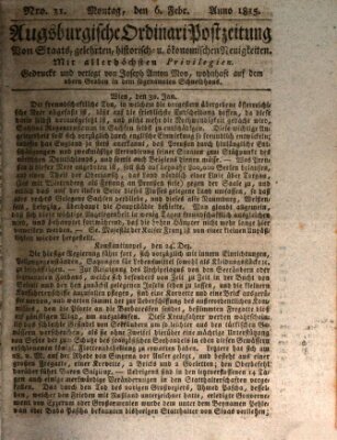 Augsburgische Ordinari Postzeitung von Staats-, gelehrten, historisch- u. ökonomischen Neuigkeiten (Augsburger Postzeitung) Montag 6. Februar 1815