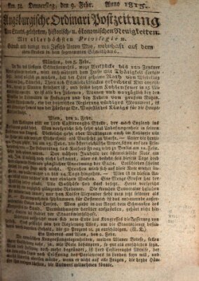 Augsburgische Ordinari Postzeitung von Staats-, gelehrten, historisch- u. ökonomischen Neuigkeiten (Augsburger Postzeitung) Donnerstag 9. Februar 1815