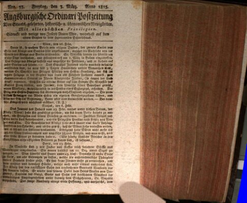 Augsburgische Ordinari Postzeitung von Staats-, gelehrten, historisch- u. ökonomischen Neuigkeiten (Augsburger Postzeitung) Freitag 3. März 1815