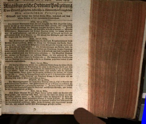 Augsburgische Ordinari Postzeitung von Staats-, gelehrten, historisch- u. ökonomischen Neuigkeiten (Augsburger Postzeitung) Samstag 1. April 1815