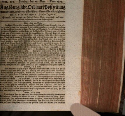 Augsburgische Ordinari Postzeitung von Staats-, gelehrten, historisch- u. ökonomischen Neuigkeiten (Augsburger Postzeitung) Freitag 19. Mai 1815