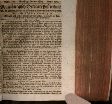 Augsburgische Ordinari Postzeitung von Staats-, gelehrten, historisch- u. ökonomischen Neuigkeiten (Augsburger Postzeitung) Samstag 20. Mai 1815