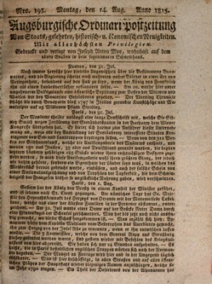 Augsburgische Ordinari Postzeitung von Staats-, gelehrten, historisch- u. ökonomischen Neuigkeiten (Augsburger Postzeitung) Montag 14. August 1815