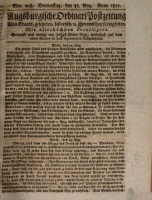 Augsburgische Ordinari Postzeitung von Staats-, gelehrten, historisch- u. ökonomischen Neuigkeiten (Augsburger Postzeitung) Donnerstag 31. August 1815