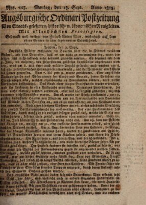 Augsburgische Ordinari Postzeitung von Staats-, gelehrten, historisch- u. ökonomischen Neuigkeiten (Augsburger Postzeitung) Montag 18. September 1815