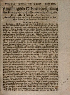 Augsburgische Ordinari Postzeitung von Staats-, gelehrten, historisch- u. ökonomischen Neuigkeiten (Augsburger Postzeitung) Dienstag 19. September 1815