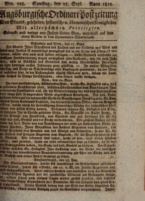 Augsburgische Ordinari Postzeitung von Staats-, gelehrten, historisch- u. ökonomischen Neuigkeiten (Augsburger Postzeitung) Samstag 23. September 1815