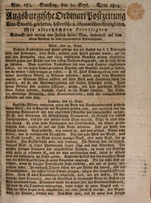 Augsburgische Ordinari Postzeitung von Staats-, gelehrten, historisch- u. ökonomischen Neuigkeiten (Augsburger Postzeitung) Samstag 30. September 1815