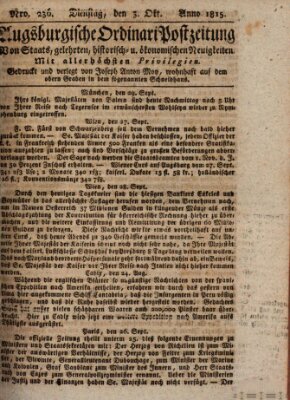 Augsburgische Ordinari Postzeitung von Staats-, gelehrten, historisch- u. ökonomischen Neuigkeiten (Augsburger Postzeitung) Dienstag 3. Oktober 1815