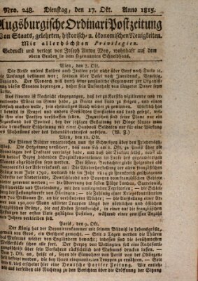 Augsburgische Ordinari Postzeitung von Staats-, gelehrten, historisch- u. ökonomischen Neuigkeiten (Augsburger Postzeitung) Dienstag 17. Oktober 1815