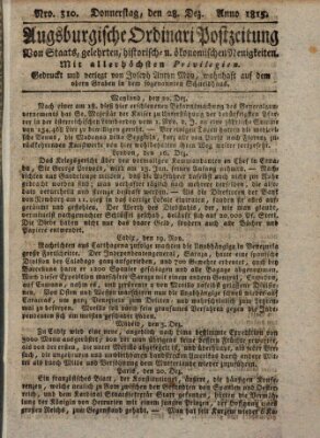 Augsburgische Ordinari Postzeitung von Staats-, gelehrten, historisch- u. ökonomischen Neuigkeiten (Augsburger Postzeitung) Donnerstag 28. Dezember 1815