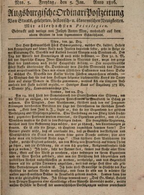 Augsburgische Ordinari Postzeitung von Staats-, gelehrten, historisch- u. ökonomischen Neuigkeiten (Augsburger Postzeitung) Freitag 5. Januar 1816