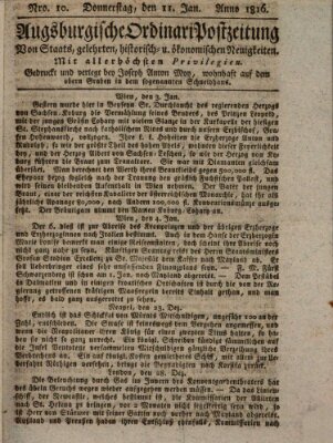 Augsburgische Ordinari Postzeitung von Staats-, gelehrten, historisch- u. ökonomischen Neuigkeiten (Augsburger Postzeitung) Donnerstag 11. Januar 1816