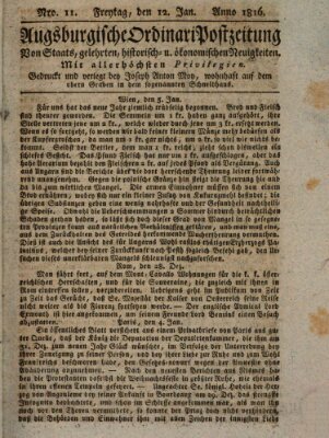 Augsburgische Ordinari Postzeitung von Staats-, gelehrten, historisch- u. ökonomischen Neuigkeiten (Augsburger Postzeitung) Freitag 12. Januar 1816