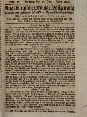 Augsburgische Ordinari Postzeitung von Staats-, gelehrten, historisch- u. ökonomischen Neuigkeiten (Augsburger Postzeitung) Montag 15. Januar 1816