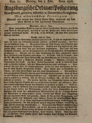 Augsburgische Ordinari Postzeitung von Staats-, gelehrten, historisch- u. ökonomischen Neuigkeiten (Augsburger Postzeitung) Montag 5. Februar 1816