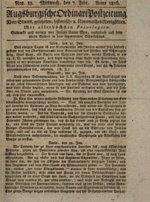 Augsburgische Ordinari Postzeitung von Staats-, gelehrten, historisch- u. ökonomischen Neuigkeiten (Augsburger Postzeitung) Mittwoch 7. Februar 1816