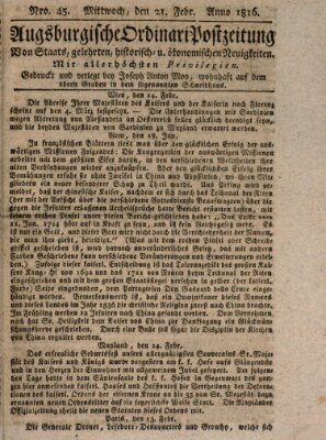 Augsburgische Ordinari Postzeitung von Staats-, gelehrten, historisch- u. ökonomischen Neuigkeiten (Augsburger Postzeitung) Mittwoch 21. Februar 1816