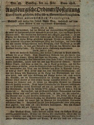 Augsburgische Ordinari Postzeitung von Staats-, gelehrten, historisch- u. ökonomischen Neuigkeiten (Augsburger Postzeitung) Samstag 24. Februar 1816