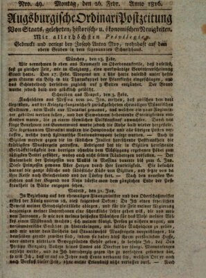 Augsburgische Ordinari Postzeitung von Staats-, gelehrten, historisch- u. ökonomischen Neuigkeiten (Augsburger Postzeitung) Montag 26. Februar 1816