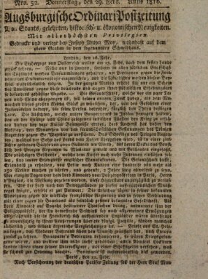 Augsburgische Ordinari Postzeitung von Staats-, gelehrten, historisch- u. ökonomischen Neuigkeiten (Augsburger Postzeitung) Donnerstag 29. Februar 1816