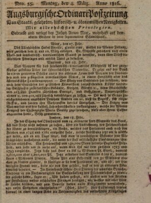 Augsburgische Ordinari Postzeitung von Staats-, gelehrten, historisch- u. ökonomischen Neuigkeiten (Augsburger Postzeitung) Montag 4. März 1816