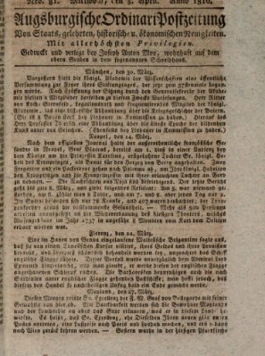 Augsburgische Ordinari Postzeitung von Staats-, gelehrten, historisch- u. ökonomischen Neuigkeiten (Augsburger Postzeitung) Mittwoch 3. April 1816