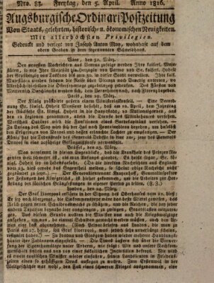 Augsburgische Ordinari Postzeitung von Staats-, gelehrten, historisch- u. ökonomischen Neuigkeiten (Augsburger Postzeitung) Freitag 5. April 1816