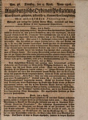 Augsburgische Ordinari Postzeitung von Staats-, gelehrten, historisch- u. ökonomischen Neuigkeiten (Augsburger Postzeitung) Dienstag 9. April 1816