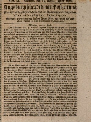 Augsburgische Ordinari Postzeitung von Staats-, gelehrten, historisch- u. ökonomischen Neuigkeiten (Augsburger Postzeitung) Montag 15. April 1816