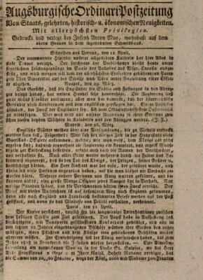 Augsburgische Ordinari Postzeitung von Staats-, gelehrten, historisch- u. ökonomischen Neuigkeiten (Augsburger Postzeitung) Donnerstag 18. April 1816