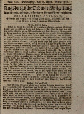 Augsburgische Ordinari Postzeitung von Staats-, gelehrten, historisch- u. ökonomischen Neuigkeiten (Augsburger Postzeitung) Donnerstag 25. April 1816